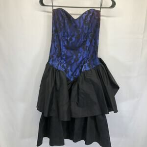 Lace Party Dress Royal Blue Black Drop Waist Strapless Bow Back Gunne Sax Size 5